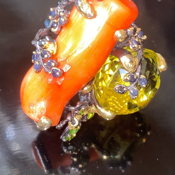 Masterpiece Genuine Lemon Quartz Coral Ring with Gems - Picture 6 of 9